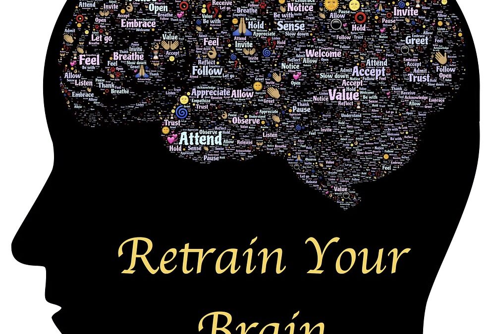 silhouette of a head with a word cloud above the words "retrain your brain"